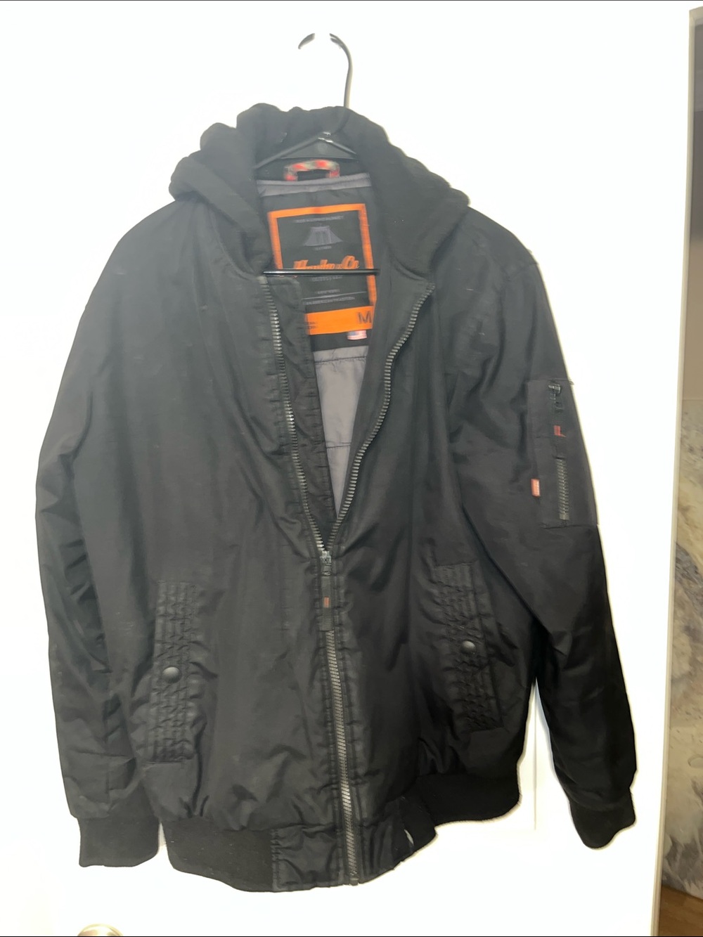 Hawke & Co Black Hooded Bomber Jacket with Orange Trim